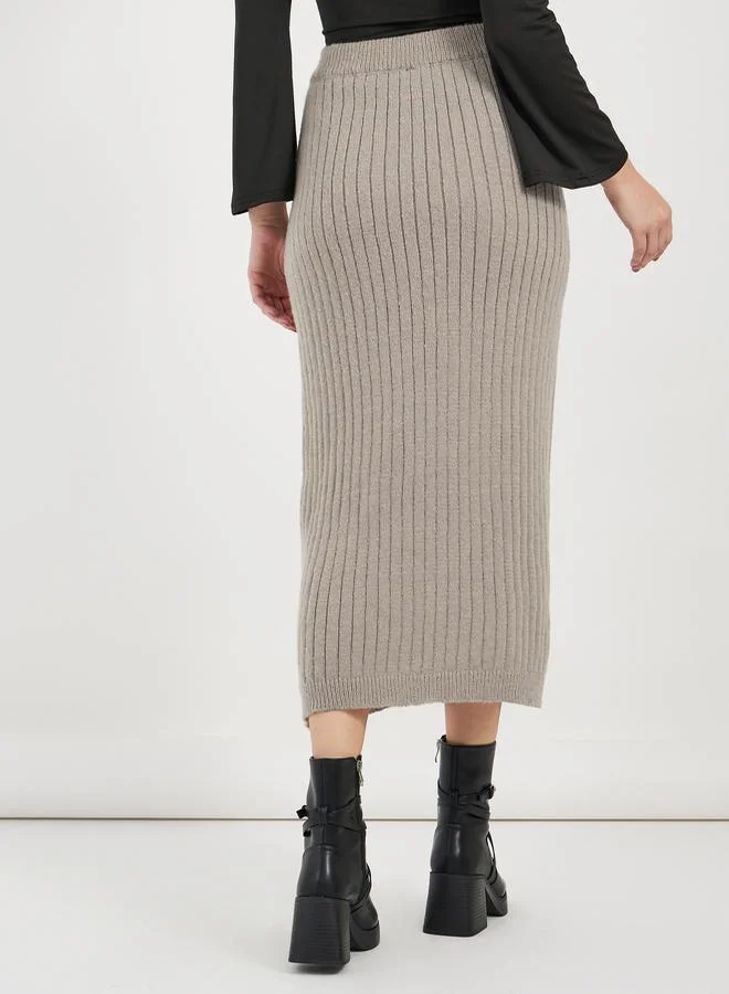 Styli Ribbed Knit Midi Skirt with Side Slit