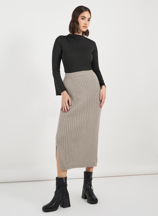 Styli Ribbed Knit Midi Skirt with Side Slit  - Image 1