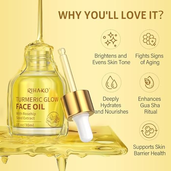 RIHAKO Stocking Stuffers for Women Turmeric Rosehip Face Oil for Gua Sha – Facial Lymphatic Drainage Oil for Gua Sha Tools, Hydrating Anti-Aging Oil Reduces Fine Lines & Wrinkles, Boosts Radiance - Image 2