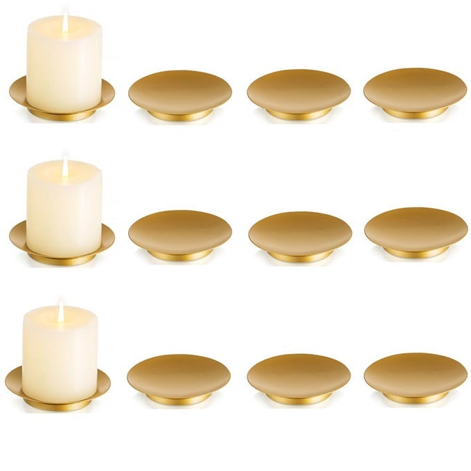GOLD IRON PLATE CANDLE HOLDER CANDLE PLATE FOR PILLAR CANDLES SET OF 12 CANDLE TRAY CANDLE DISH DECORATIVE PEDESTAL CANDLE STAND FOR LED WAX CANDLES WEDDINGS PARTY HOME DECOR