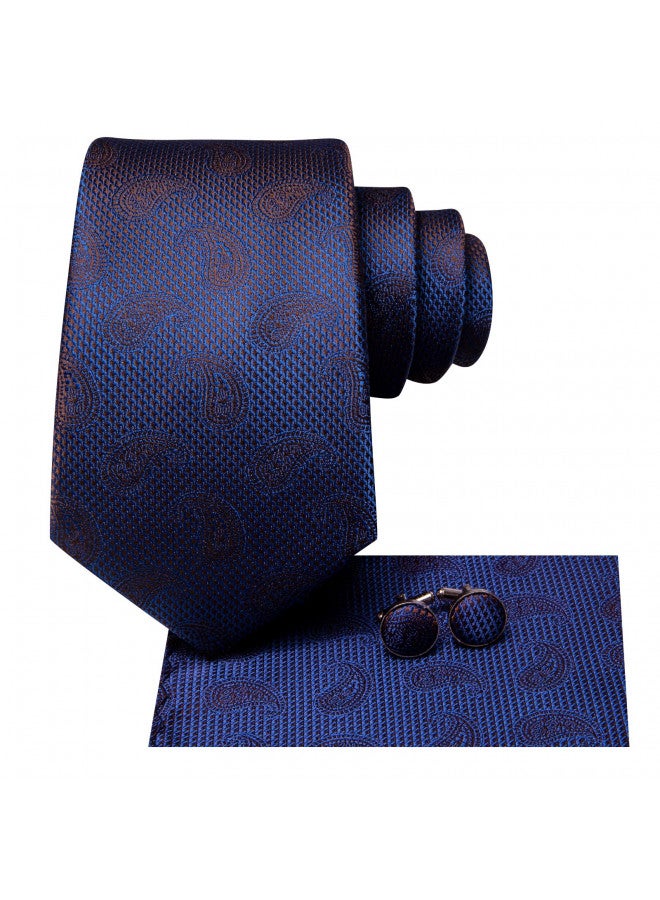 Hi-Tie Silk Paisley Ties for Men Necktie Pocket Square Cufflinks Set Foral Tie Sets Formal Business,Dark Blue - Image 1