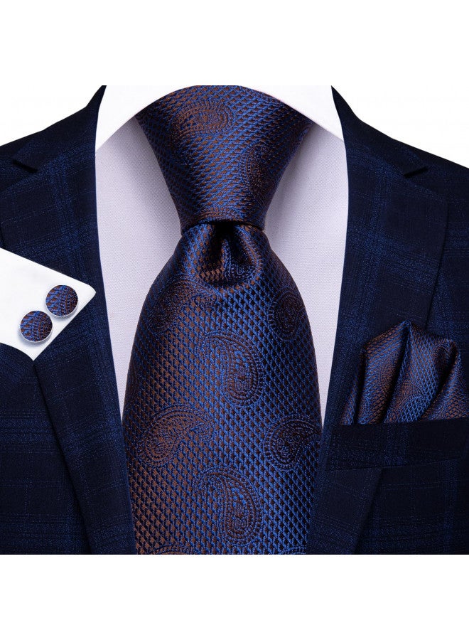 Hi-Tie Silk Paisley Ties for Men Necktie Pocket Square Cufflinks Set Foral Tie Sets Formal Business,Dark Blue - Image 2