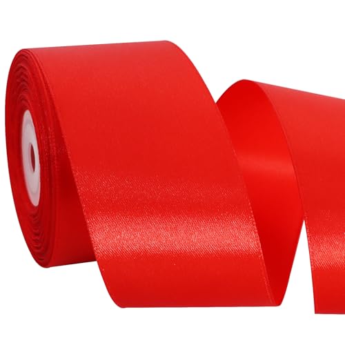 TONIFUL 2 Inch x 25 Yards Wide Red Satin Ribbon Solid Fabric Ribbons Roll for Valentines Day Crafts Chair Sash Gift Wrapping Invitation Cards Floral Hair Bows Sewing Party Wedding Car Decoration