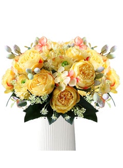 KASTWAVE 2Pcs Yellow Artificial Flower Bouquet - Silk Peony & Hydrangea with Realistic Carnations & Berries | Elegant Table Centerpieces & Wedding Decor  - Image 1