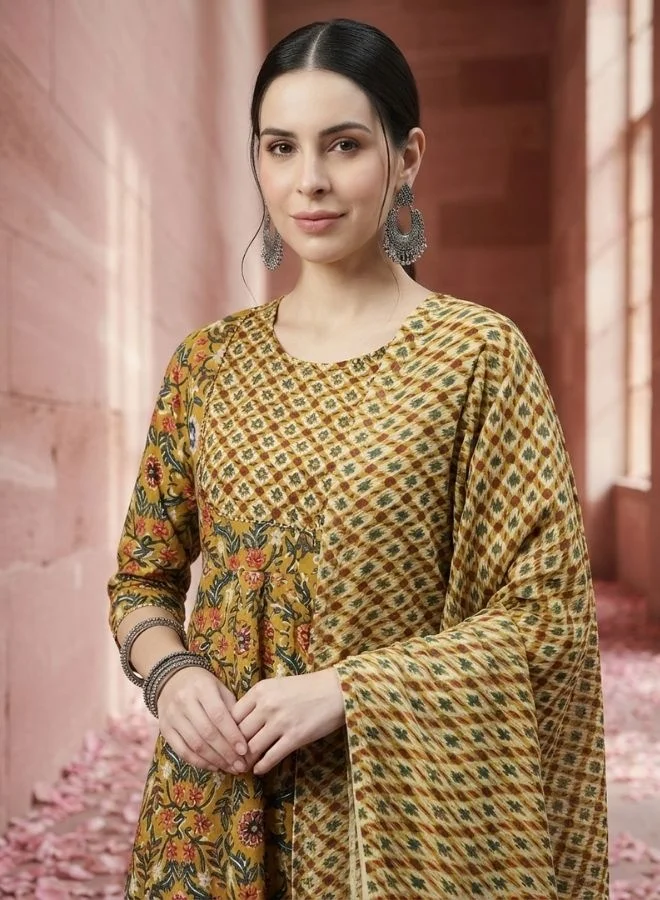 Yuris Women Mustard Printed Anarkali Kurta Set With Bottom & Dupatta