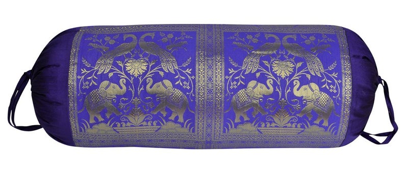 Lalhaveli Lal Haveli Peacock Elephant Work Designer Silk Bolster Cover for Guest Room Bedroom 30 X 15 Inches - Image 1