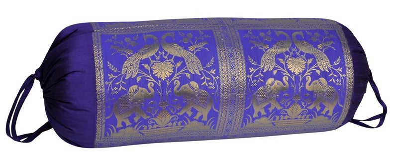 Lalhaveli Lal Haveli Peacock Elephant Work Designer Silk Bolster Cover for Guest Room Bedroom 30 X 15 Inches - Image 2