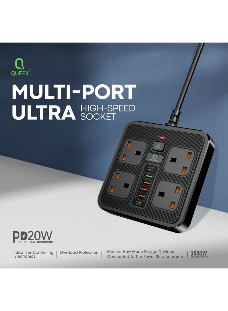 كيفكس وصلة كهربائية - سعة 3000 واط، 6 منافذ تيار متردد، 4 منافذ بي دي، 2 منفذ USB، كيبل 3 متر، مؤقت رقمي ذكي، اقفال امان للاطفال، تصميم متين وآمن، شحن سريع - Image 2
