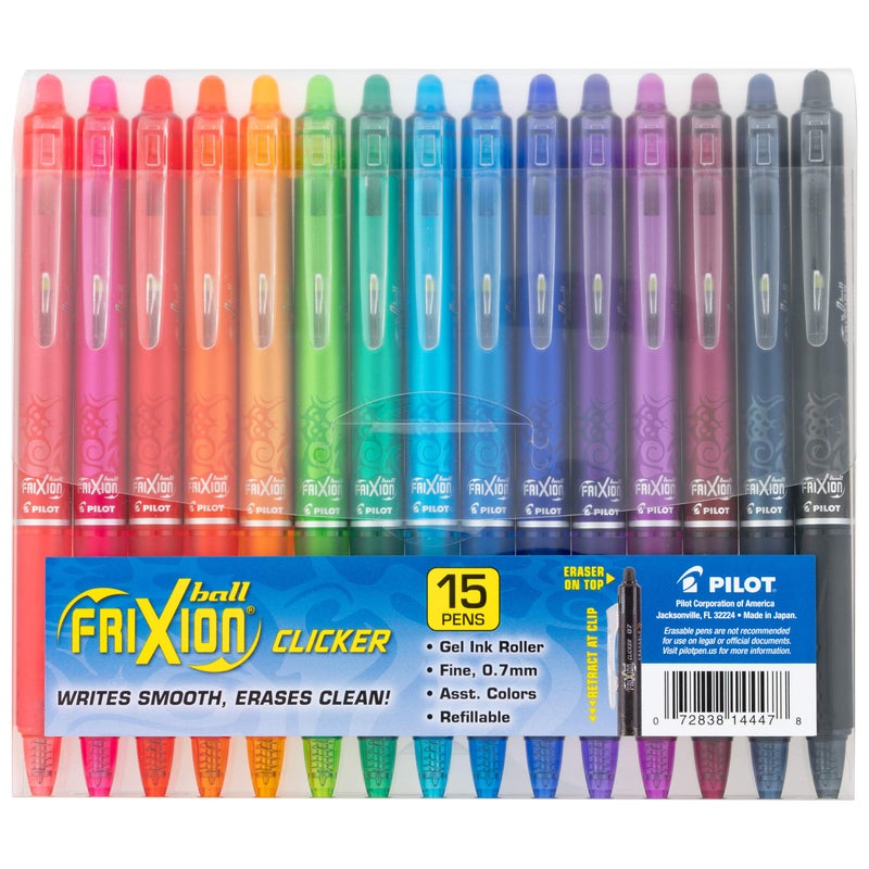 Pilot, FriXion Clicker Erasable Gel Pens, Fine Point 0.7 mm, Pack of 15, Assorted Colors - Image 1