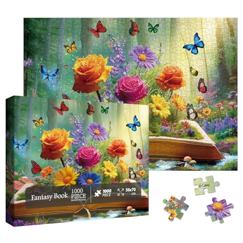 Larkipuzz Magic Books Flower Puzzles for Adults 1000 Pieces Fantasy Butterfly Wildflower Jigsaw Puzzle Beautiful Colorful Plant Forest Floral Garden Rose Daisy Puzzle - Image 1