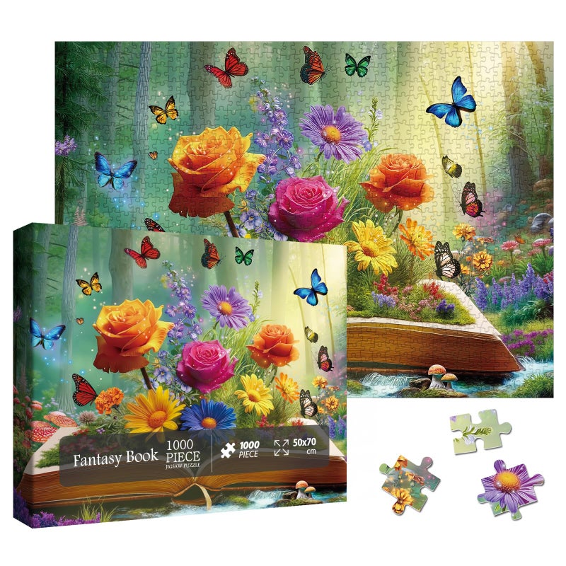 Larkipuzz Magic Books Flower Puzzles for Adults 1000 Pieces Fantasy Butterfly Wildflower Jigsaw Puzzle Beautiful Colorful Plant Forest Floral Garden Rose Daisy Puzzle - Image 3