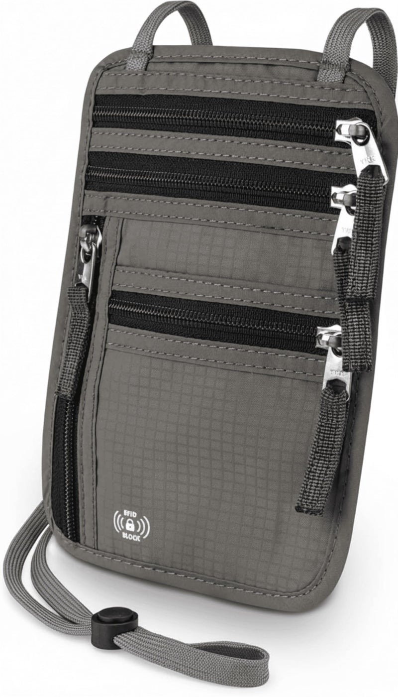 Aepigo Fabric Travel Neck Wallet with RFID Blocking Â“ Passport Holder Neck Pouch for Men and Women to Keep Documents Safe Color Grey - Image 1