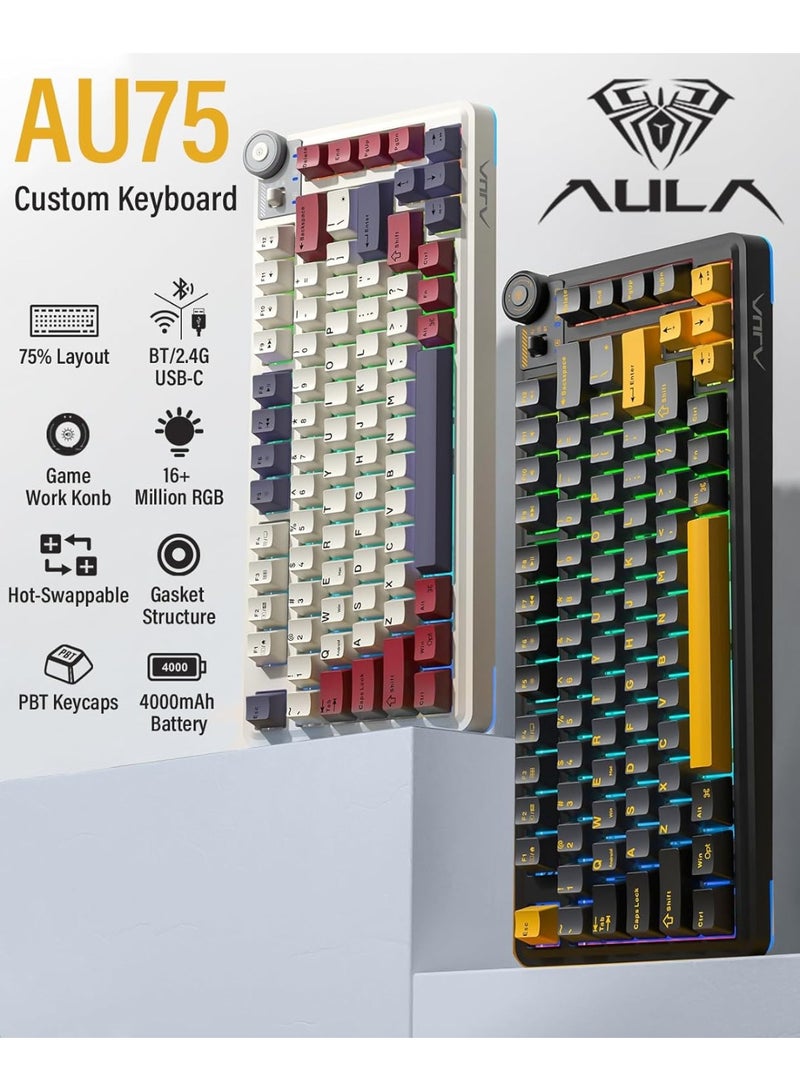 AULA لوحة مفاتيح ميكانيكية لاسلكية ثلاثية الوضع AU75 بتصميم مدمج 75% – لوحة مفاتيح للألعاب قابلة للتبديل مع مفتاح Star Vector، بلوتوث، 2.4GHz ووضع سلكي، إضاءة خلفية RGB للألعاب، الكمبيوتر الشخصي واستخدام المكتب - Image 4