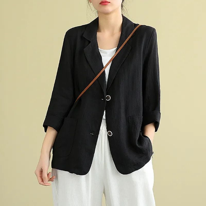 Cotton and Linen Jacket Small Suit 2023 Spring and Summer Loose Artistic Long-sleeved Casual Elegant Sunscreen Clothing for Women Black