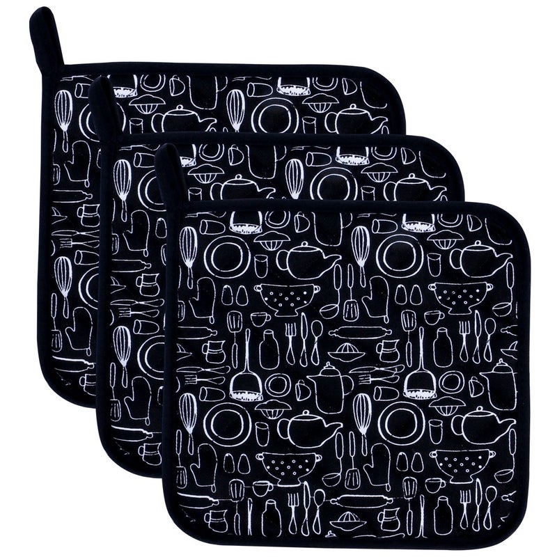 lifaith 100% Cotton Kitchen Everyday Potholders Pot Holder Heat Resistant Coaster Potholder for Cooking and Baking 8 x 8-Inch Set of 3 Black - Image 1