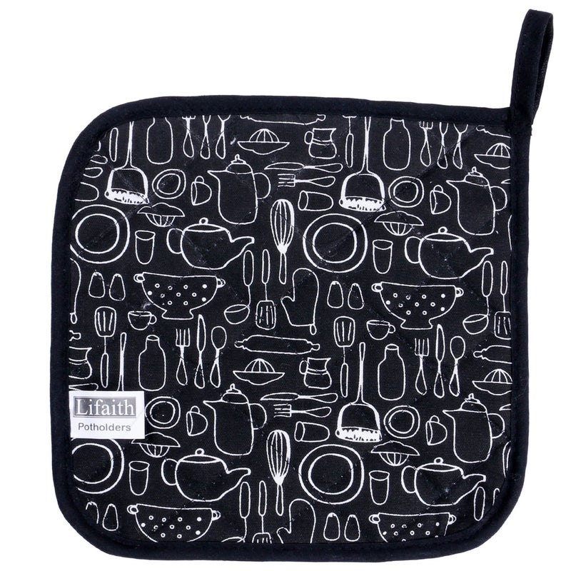 lifaith 100% Cotton Kitchen Everyday Potholders Pot Holder Heat Resistant Coaster Potholder for Cooking and Baking 8 x 8-Inch Set of 3 Black - Image 3