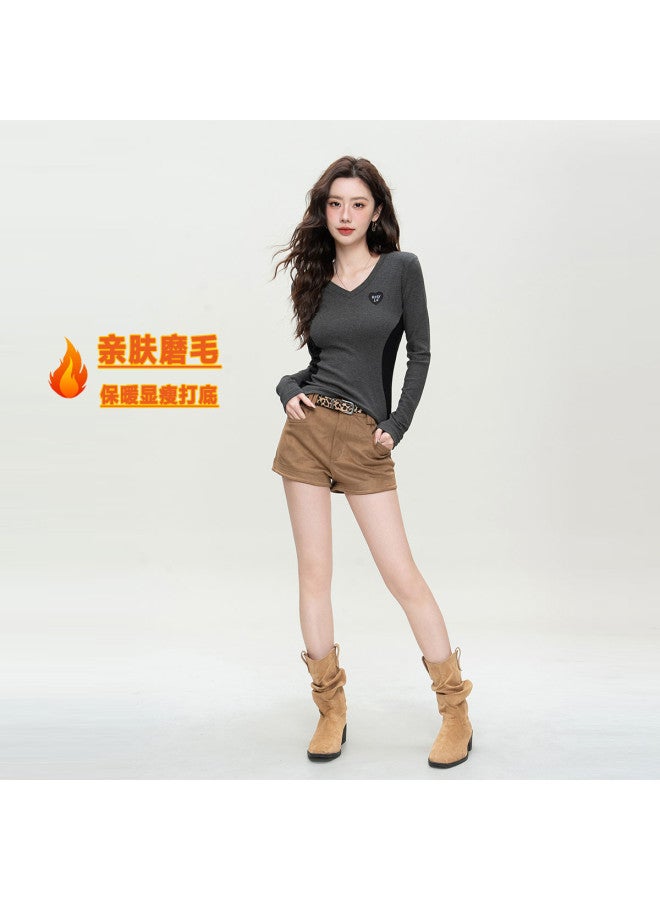 Hstyle early Spring Essential Women's Top Base Layer - Color-blocked V-neck Waist-cinching Tee - Image 2