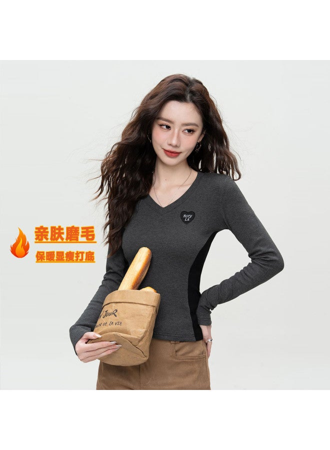 Hstyle early Spring Essential Women's Top Base Layer - Color-blocked V-neck Waist-cinching Tee - Image 4