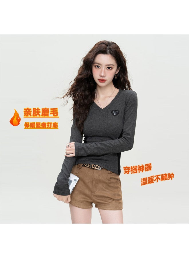 Hstyle early Spring Essential Women's Top Base Layer - Color-blocked V-neck Waist-cinching Tee - Image 5