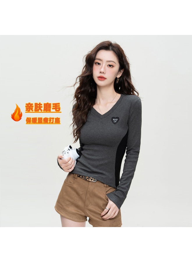 Hstyle early Spring Essential Women's Top Base Layer - Color-blocked V-neck Waist-cinching Tee - Image 3