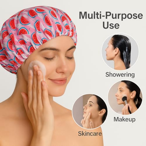 AUM ENTERPRISE RAMNATH IMPEX Cute Fruite Shower Cap for Women & Girls – Hair Bonnet - Reusable, Comfortable & Stylish Hair Protector with watermelon Print – Double-Layered and Eco-Friendly - All Hair Types. (watermelon) - Image 3