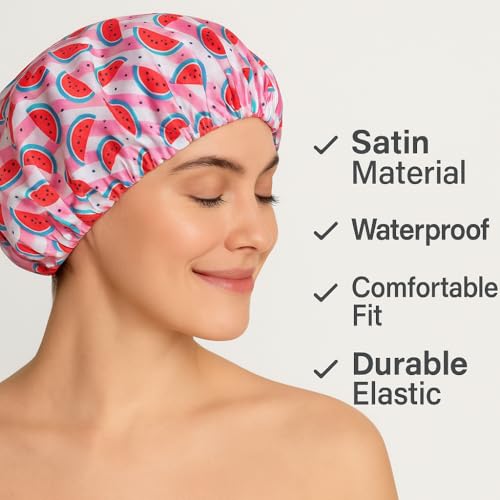 AUM ENTERPRISE RAMNATH IMPEX Cute Fruite Shower Cap for Women & Girls – Hair Bonnet - Reusable, Comfortable & Stylish Hair Protector with watermelon Print – Double-Layered and Eco-Friendly - All Hair Types. (watermelon) - Image 2