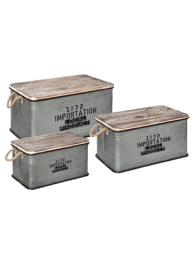 atmosphera 3-Piece High Quality Vintage Design Local Storage Trunk Set Grey and Brown 38 x 60.3 x 33 cm 178716A