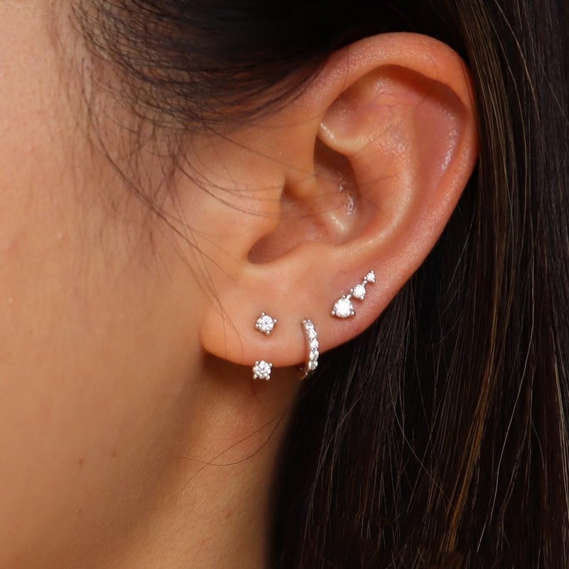 ASCOMY Hoop Earrings for Women Silver Earrings Set 14K White Gold Plated 3 Pairs Cubic Zirconia Stud CZ Circle Hoop Detachable Two CZ Earrings Dainty Earring Set Jewelry Gifts for Women - Image 2