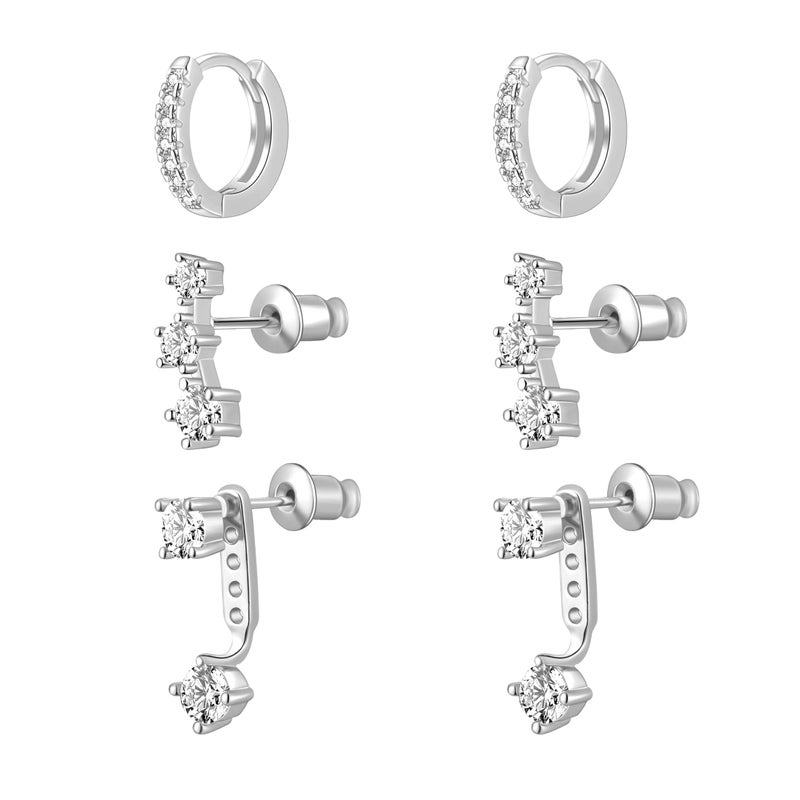 ASCOMY Hoop Earrings for Women Silver Earrings Set 14K White Gold Plated 3 Pairs Cubic Zirconia Stud CZ Circle Hoop Detachable Two CZ Earrings Dainty Earring Set Jewelry Gifts for Women - Image 1