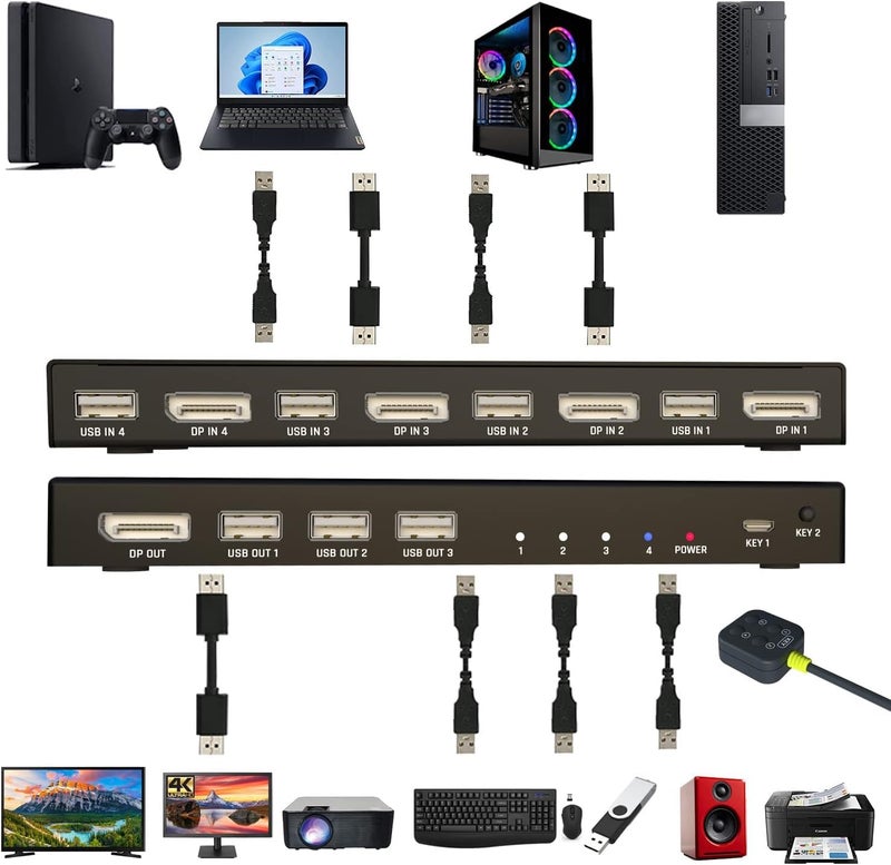 ETZIN مفتاح KVM لـ 4 أجهزة كمبيوتر - مفتاح KVM Displayport، شاشة واحدة لمشاركة الماوس، لوحة المفاتيح، الطابعة، جهاز USB 2.0 وشاشة Ultra HD، يدعم 4K@60Hz، 4 كابلات DP و4 كابلات USB متضمنة - Image 2