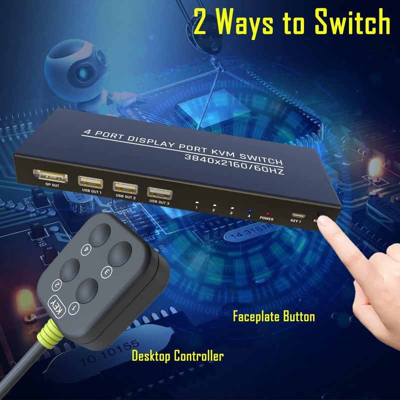 ETZIN مفتاح KVM لـ 4 أجهزة كمبيوتر - مفتاح KVM Displayport، شاشة واحدة لمشاركة الماوس، لوحة المفاتيح، الطابعة، جهاز USB 2.0 وشاشة Ultra HD، يدعم 4K@60Hz، 4 كابلات DP و4 كابلات USB متضمنة - Image 4