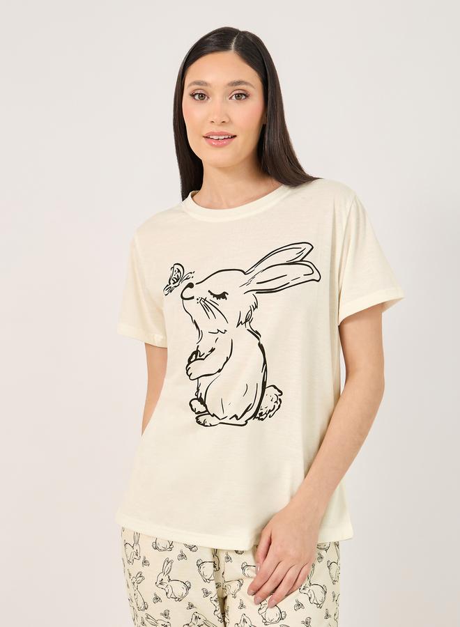 Styli Bunny Print T-Shirt and Cuffed Pyjama Set  - Image 2