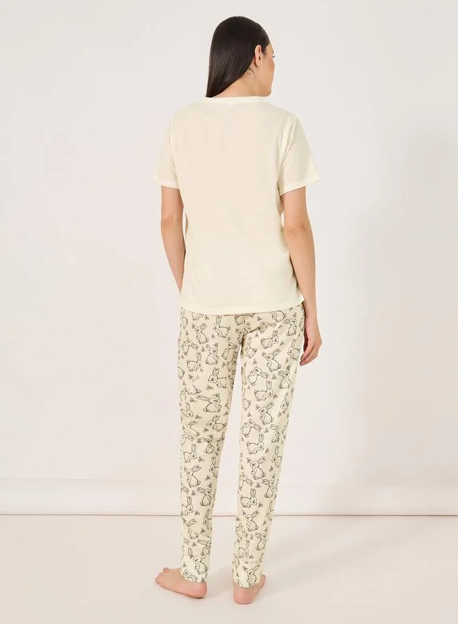 Styli Bunny Print T-Shirt and Cuffed Pyjama Set