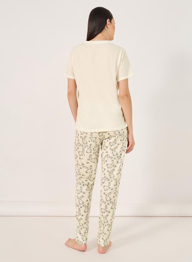 Styli Bunny Print T-Shirt and Cuffed Pyjama Set  - Image 4