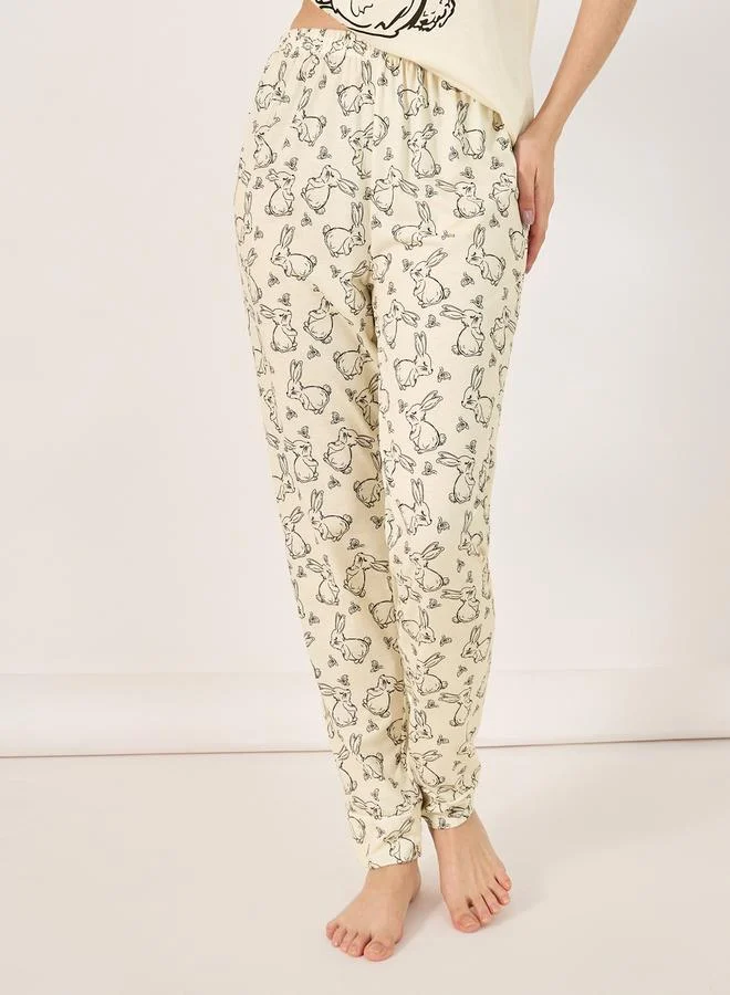 Styli Bunny Print T-Shirt and Cuffed Pyjama Set