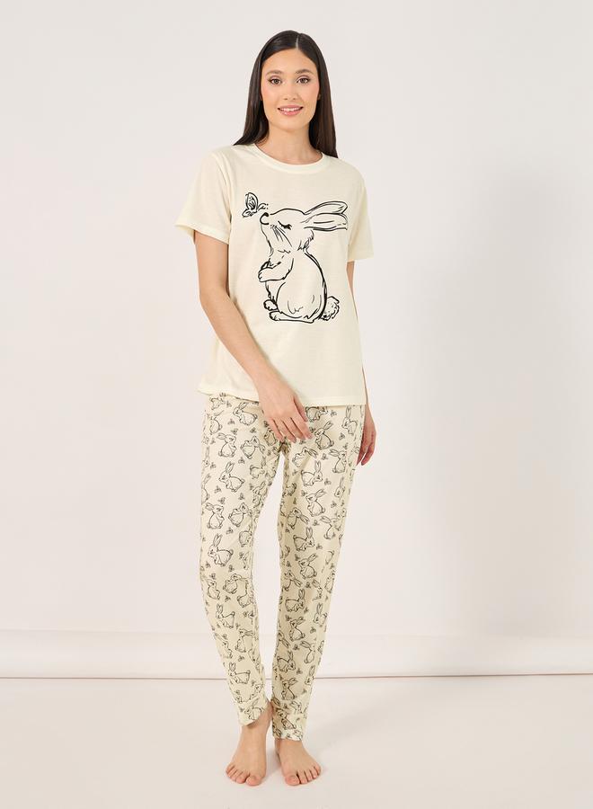 Styli Bunny Print T-Shirt and Cuffed Pyjama Set  - Image 1