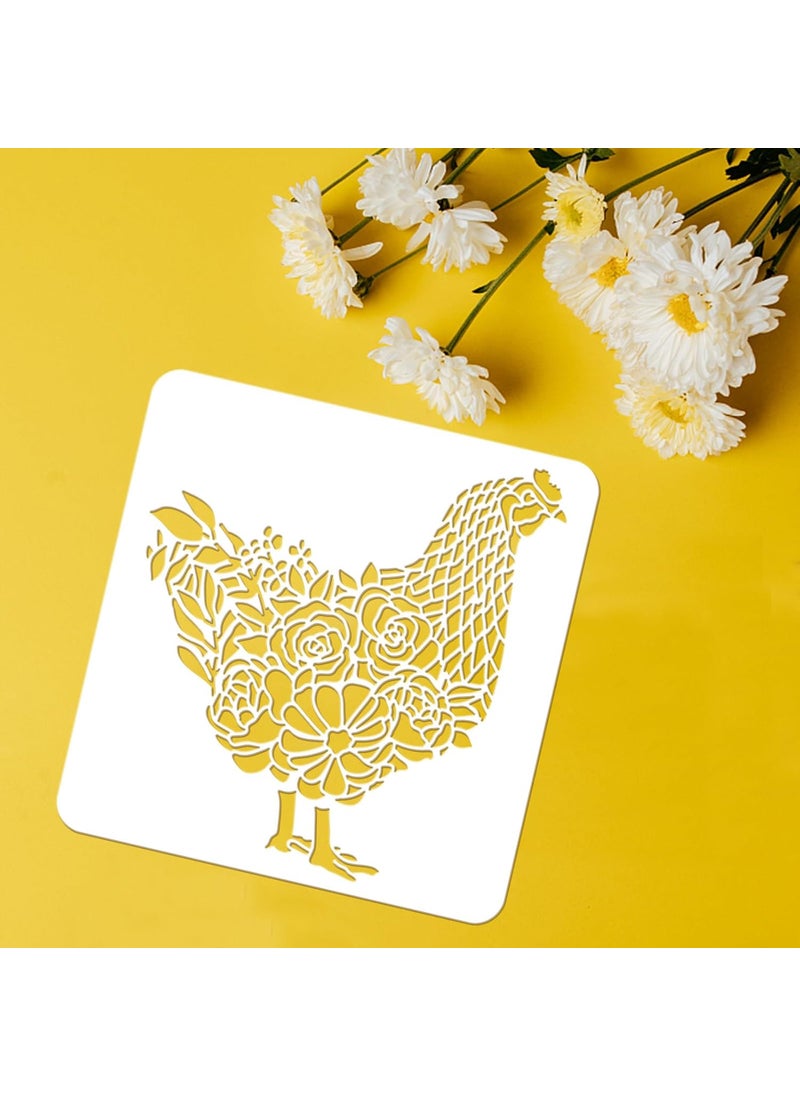 FINGERINSPIRE - FINGERINSPIRE Chicken Stencil 11.8x11.8inch Rooster with Flowers Grass Drawing Template Hen Rooster Farmhouse Stencil Plastic PET Painting Stencil for Home Farm Furniture Wall Floor Decoration - Image 1