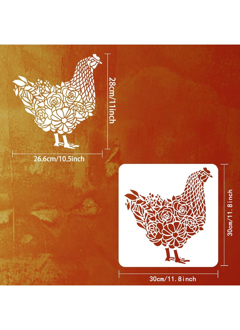 FINGERINSPIRE - FINGERINSPIRE Chicken Stencil 11.8x11.8inch Rooster with Flowers Grass Drawing Template Hen Rooster Farmhouse Stencil Plastic PET Painting Stencil for Home Farm Furniture Wall Floor Decoration - Image 1