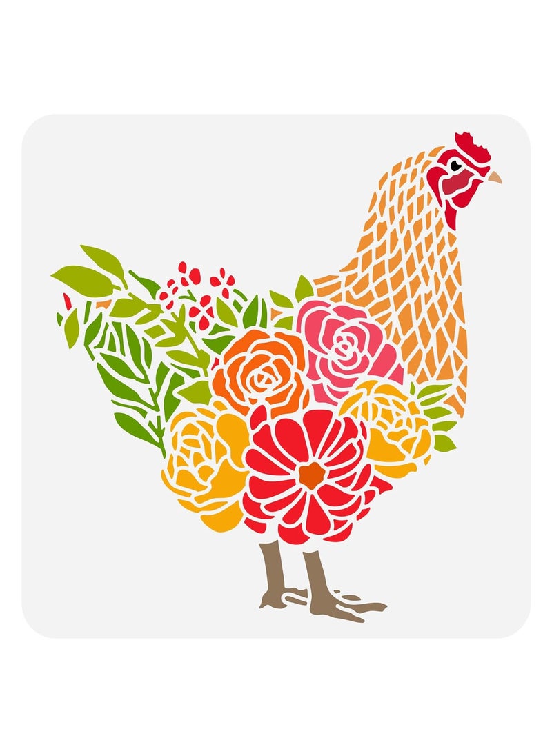 FINGERINSPIRE - FINGERINSPIRE Chicken Stencil 11.8x11.8inch Rooster with Flowers Grass Drawing Template Hen Rooster Farmhouse Stencil Plastic PET Painting Stencil for Home Farm Furniture Wall Floor Decoration - Image 1