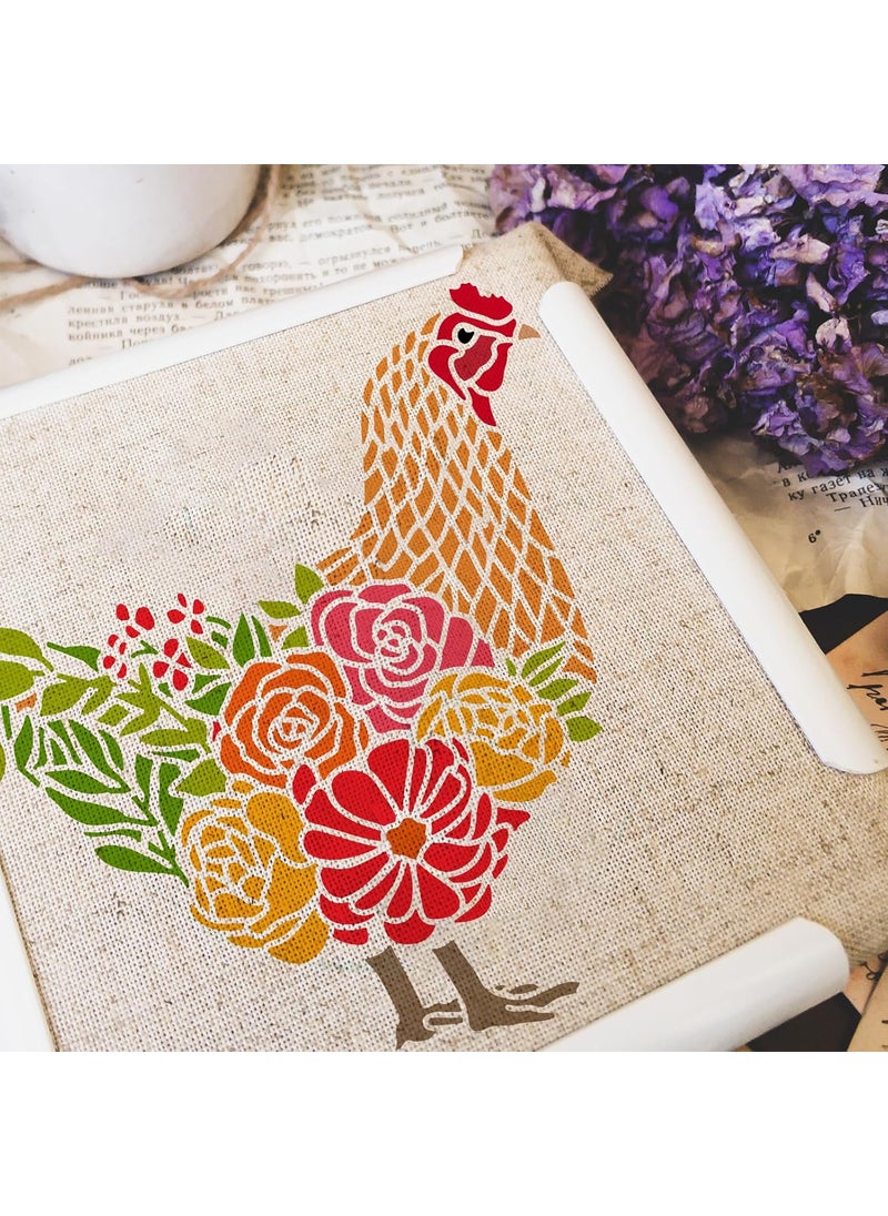 FINGERINSPIRE - FINGERINSPIRE Chicken Stencil 11.8x11.8inch Rooster with Flowers Grass Drawing Template Hen Rooster Farmhouse Stencil Plastic PET Painting Stencil for Home Farm Furniture Wall Floor Decoration - Image 1