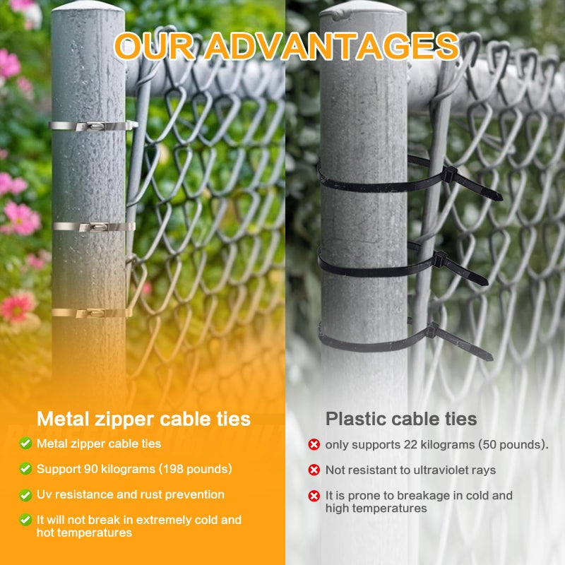 YISRHMCS Metal Zip Ties ï¼ˆ100pcsï¼‰11.8 inchï¼Œ304 Stainless Steel Zip Ties .Heavy Duty Multi-Purpose Self- Locking Cable Ties for Outdoor Fence, vehicles, Machinery, Exhaust Wrap,Farms, Pipes, Cable - Image 4