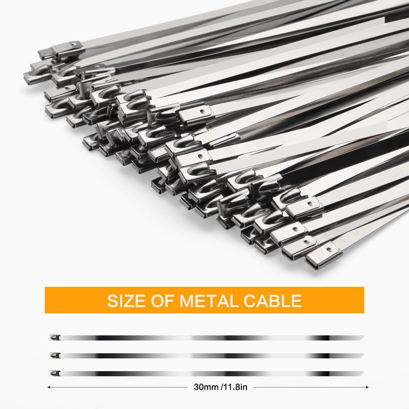 YISRHMCS Metal Zip Ties ï¼ˆ100pcsï¼‰11.8 inchï¼Œ304 Stainless Steel Zip Ties .Heavy Duty Multi-Purpose Self- Locking Cable Ties for Outdoor Fence, vehicles, Machinery, Exhaust Wrap,Farms, Pipes, Cable - Image 2