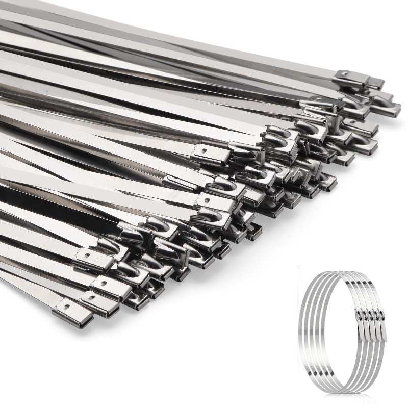 YISRHMCS Metal Zip Ties ï¼ˆ100pcsï¼‰11.8 inchï¼Œ304 Stainless Steel Zip Ties .Heavy Duty Multi-Purpose Self- Locking Cable Ties for Outdoor Fence, vehicles, Machinery, Exhaust Wrap,Farms, Pipes, Cable - Image 1