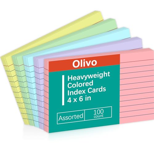 Olivo Colored Index Cards 4x6 Lined Ruled Flash Note Cards 100 Count, 5 Pastel Colors Assorted, 220 GSM Heavy Weight - Image 1