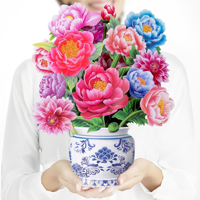 Airpark Pop Up Card Paper Flowers Bouquet, Mothers Day Card, 3D Popup Greeting Cards with Note Card & Envelope, Birthday, Anniversary, Get Well Cards and Gifts for Women Mom Wife, 14" Peony - Image 1