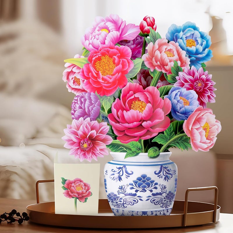 Airpark Pop Up Card Paper Flowers Bouquet, Mothers Day Card, 3D Popup Greeting Cards with Note Card & Envelope, Birthday, Anniversary, Get Well Cards and Gifts for Women Mom Wife, 14" Peony - Image 2