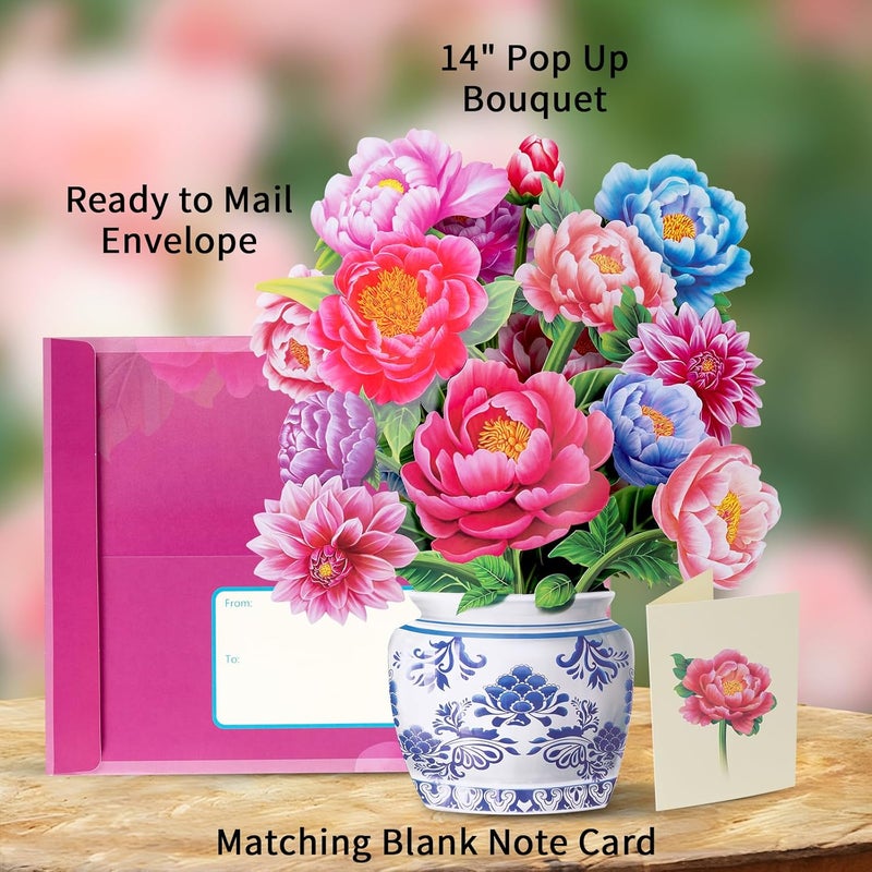 Airpark Pop Up Card Paper Flowers Bouquet, Mothers Day Card, 3D Popup Greeting Cards with Note Card & Envelope, Birthday, Anniversary, Get Well Cards and Gifts for Women Mom Wife, 14" Peony - Image 3