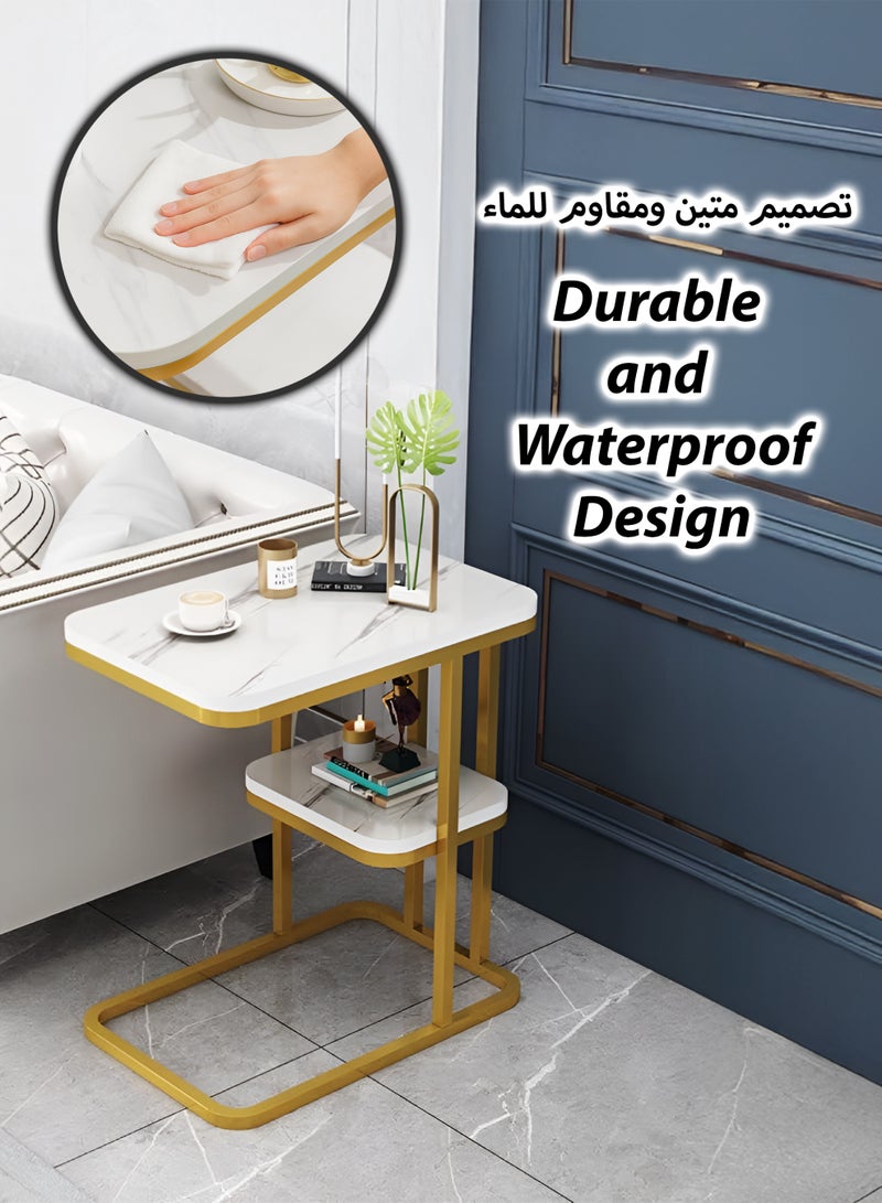 توشيونيكس طاولة جانبية عصرية من الرخام الأبيض الصناعي بطابقين بإطار فولاذي ذهبي صدئ | طاولة قهوة أريكة مدمجة 50×30×60 سم | طاولة جانبية مقاومة للماء من خشب MDF لغرفة المعيشة، غرفة النوم، المكتب - Image 3