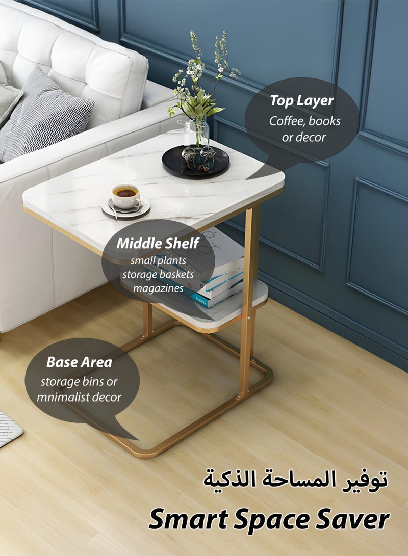 توشيونيكس طاولة جانبية عصرية من الرخام الأبيض الصناعي بطابقين بإطار فولاذي ذهبي صدئ | طاولة قهوة أريكة مدمجة 50×30×60 سم | طاولة جانبية مقاومة للماء من خشب MDF لغرفة المعيشة، غرفة النوم، المكتب - Image 4