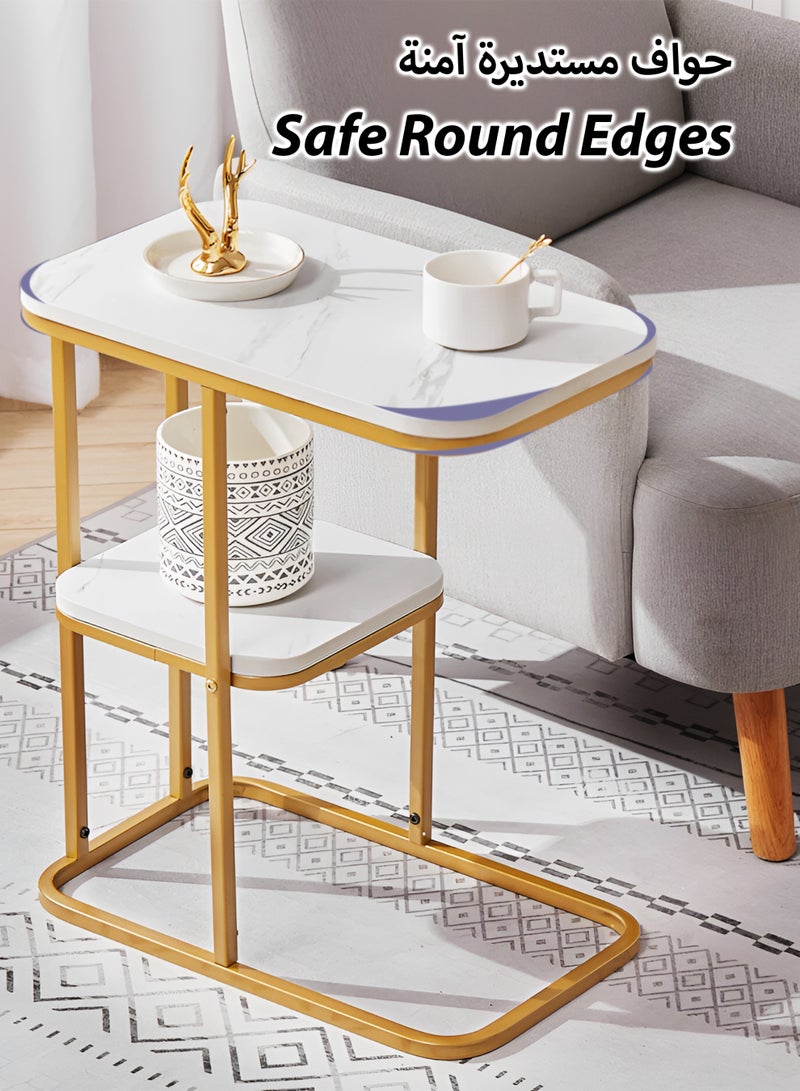 توشيونيكس طاولة جانبية عصرية من الرخام الأبيض الصناعي بطابقين بإطار فولاذي ذهبي صدئ | طاولة قهوة أريكة مدمجة 50×30×60 سم | طاولة جانبية مقاومة للماء من خشب MDF لغرفة المعيشة، غرفة النوم، المكتب - Image 5